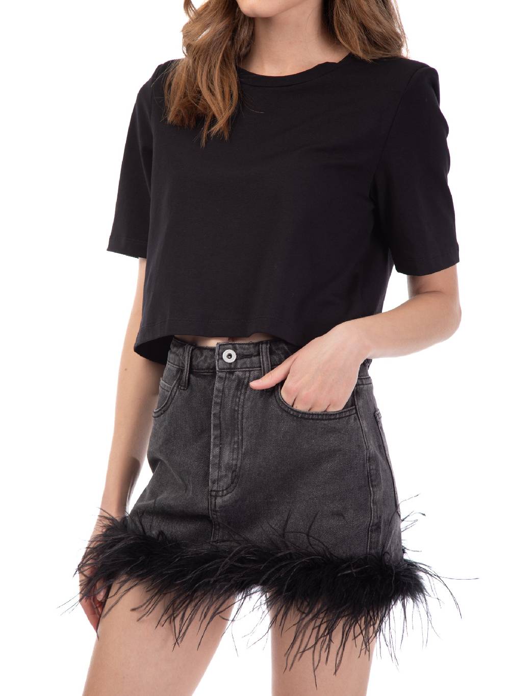 Le Volière gonna in denim grigia con piume Qualità Garantita