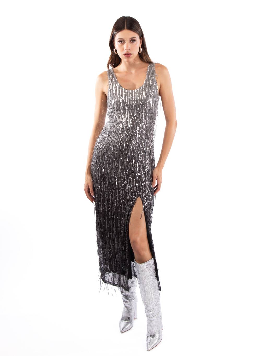 Le Volière DAISY Vestito grigio di paillettes Consegna Veloce