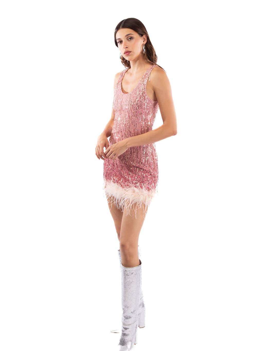 Le Volière DAISY Vestito rosa di paillettes con piume Fino Al -60%