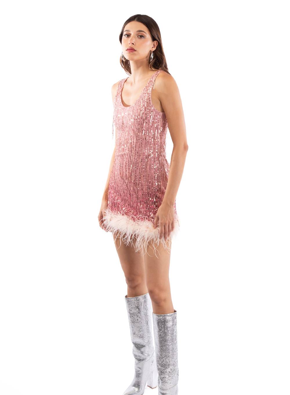 Le Volière DAISY Vestito rosa di paillettes con piume Fino Al -60%