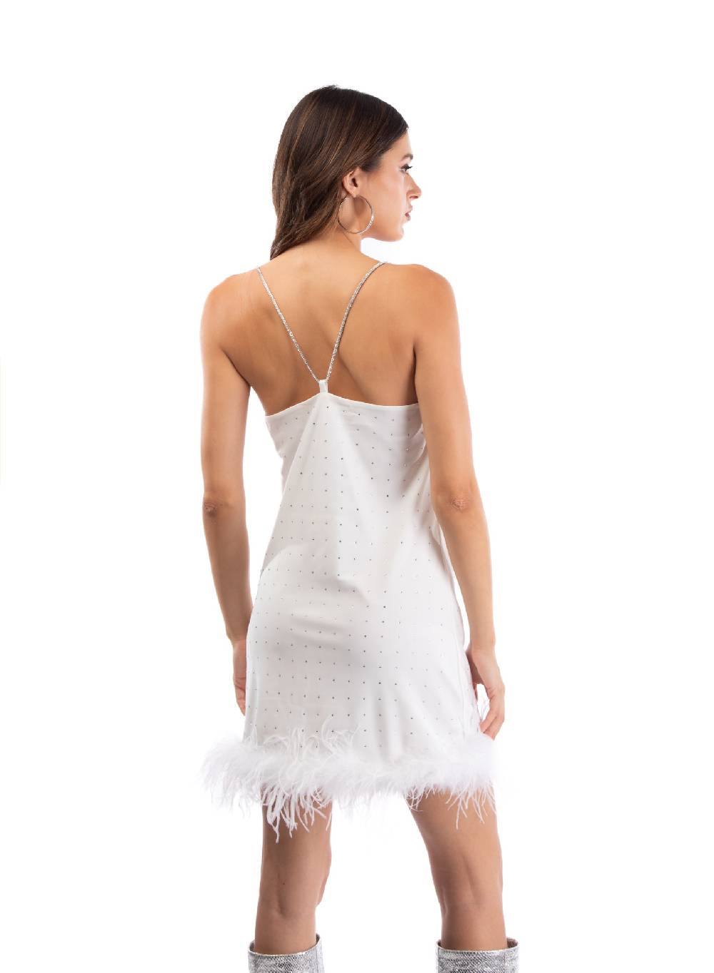 Le Volière LAUREN Vestito bianco con strass e piume bianche Shopping Online