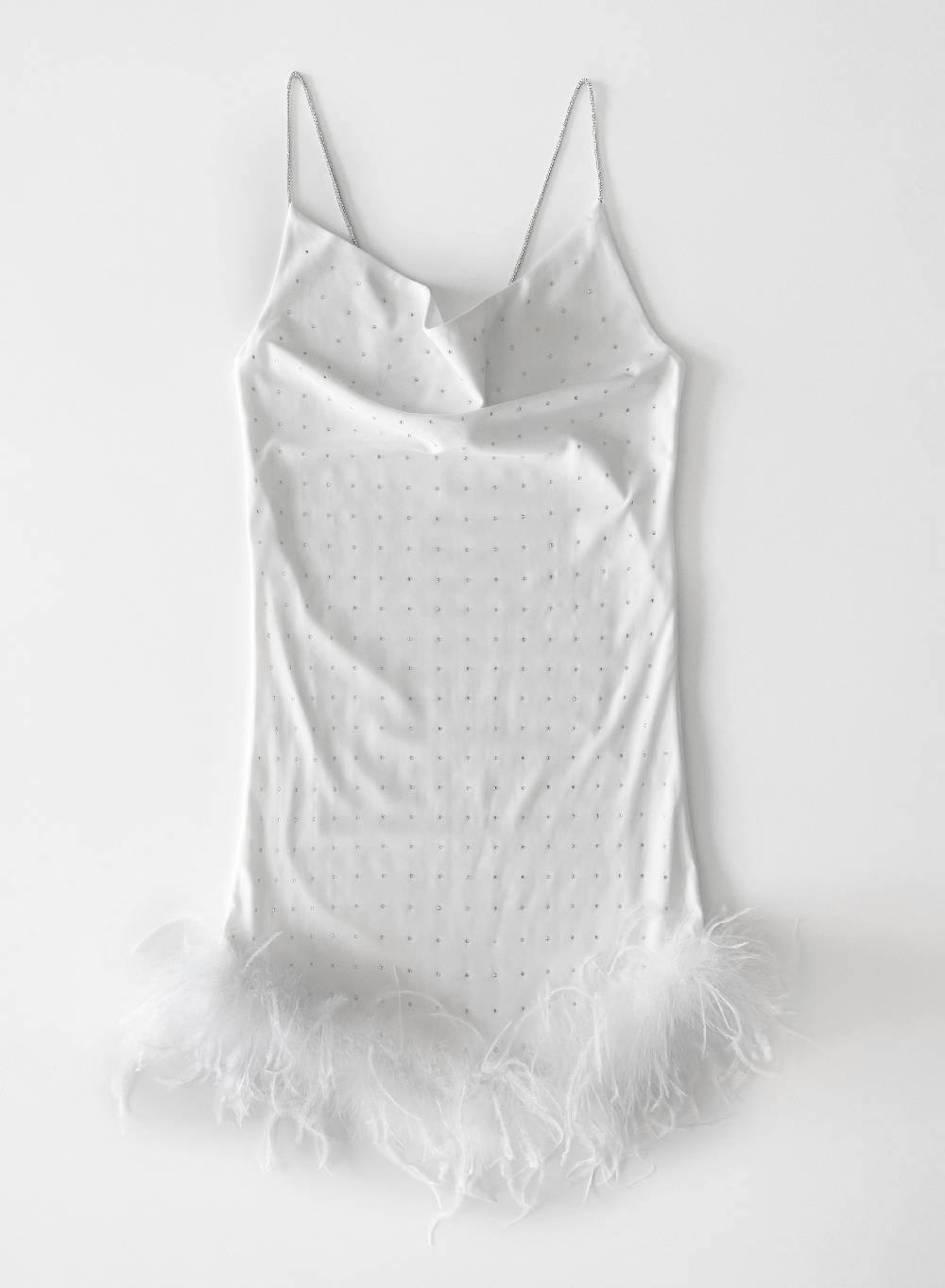 Le Volière LAUREN Vestito bianco con strass e piume bianche Shopping Online