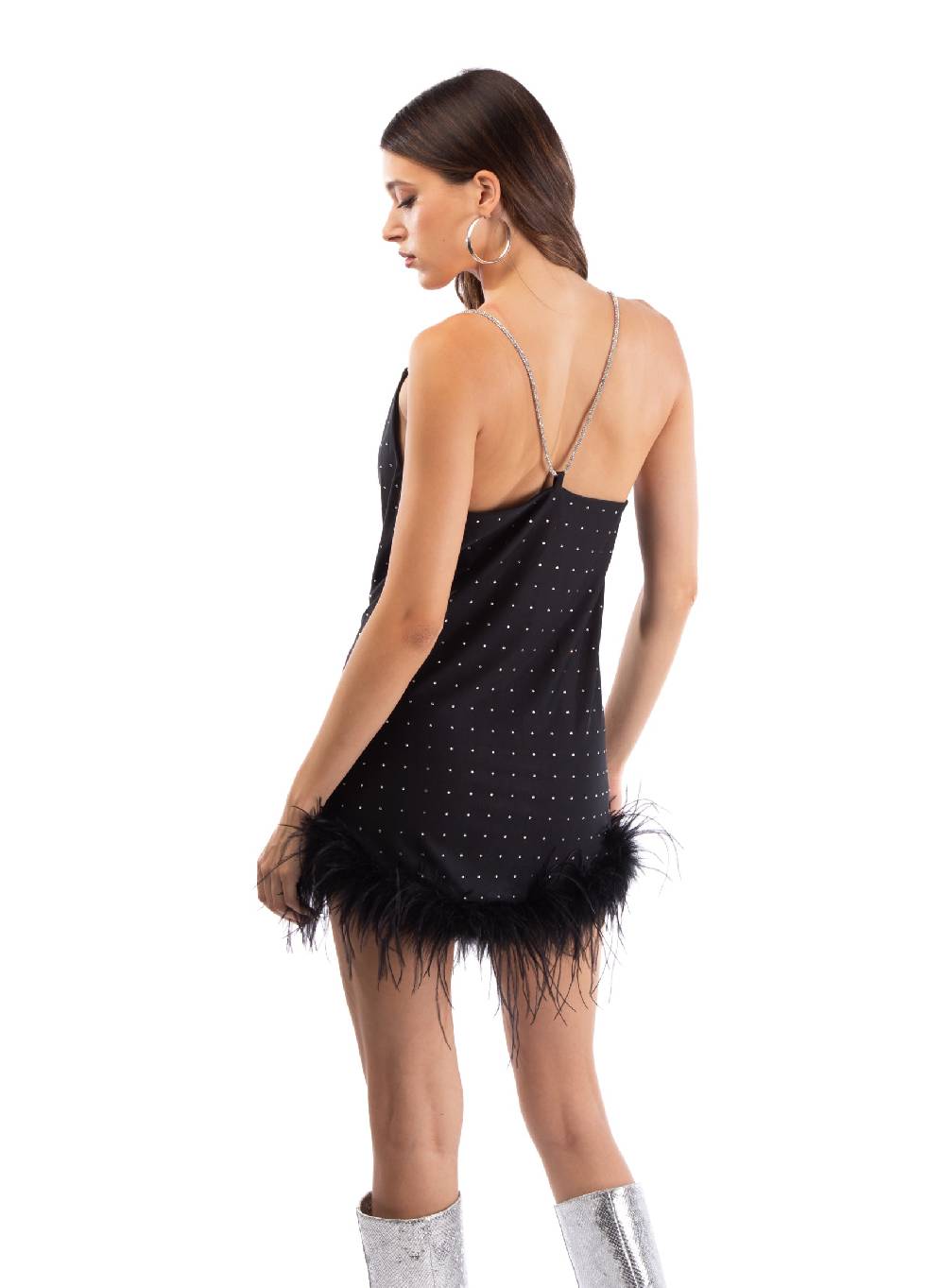 Le Volière LAUREN Vestito nero con strass e piume nere Prezzo Ridotto