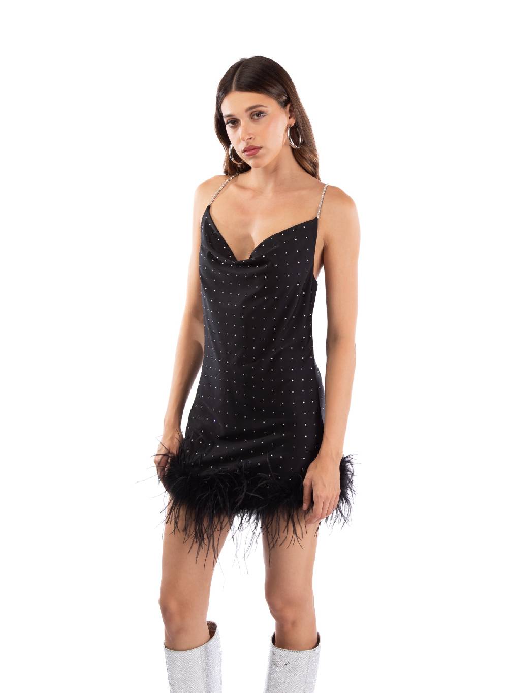 Le Volière LAUREN Vestito nero con strass e piume nere Prezzo Ridotto
