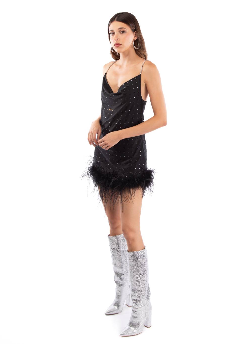 Le Volière LAUREN Vestito nero con strass e piume nere Prezzo Ridotto
