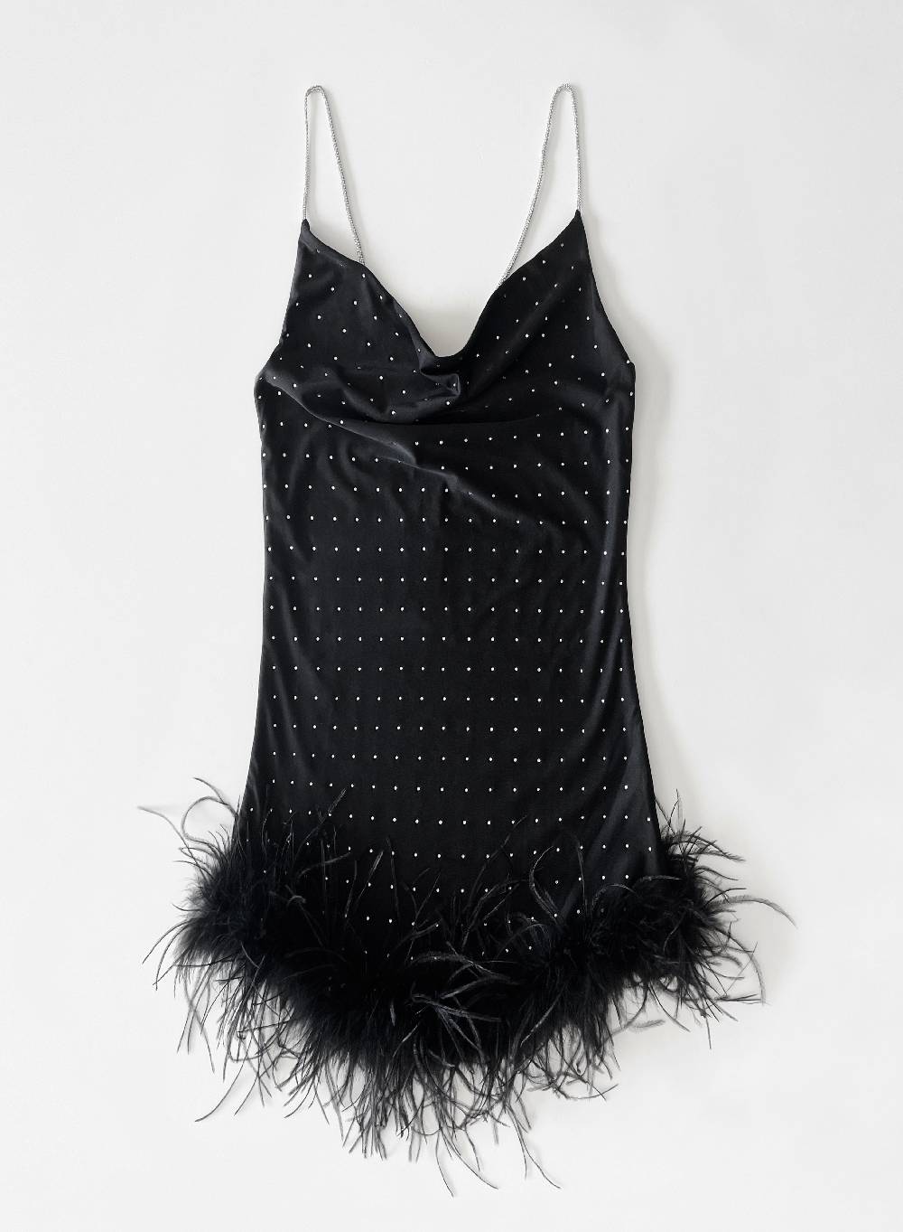 Le Volière LAUREN Vestito nero con strass e piume nere Prezzo Ridotto