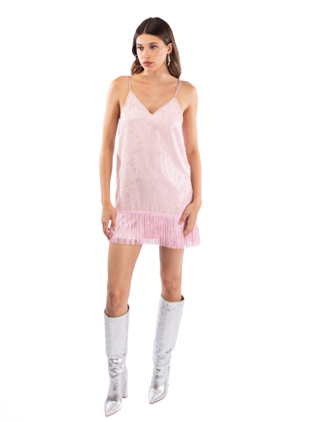 Le Volière MADISON Vestito rosa di paillettes con frange Sottocosto