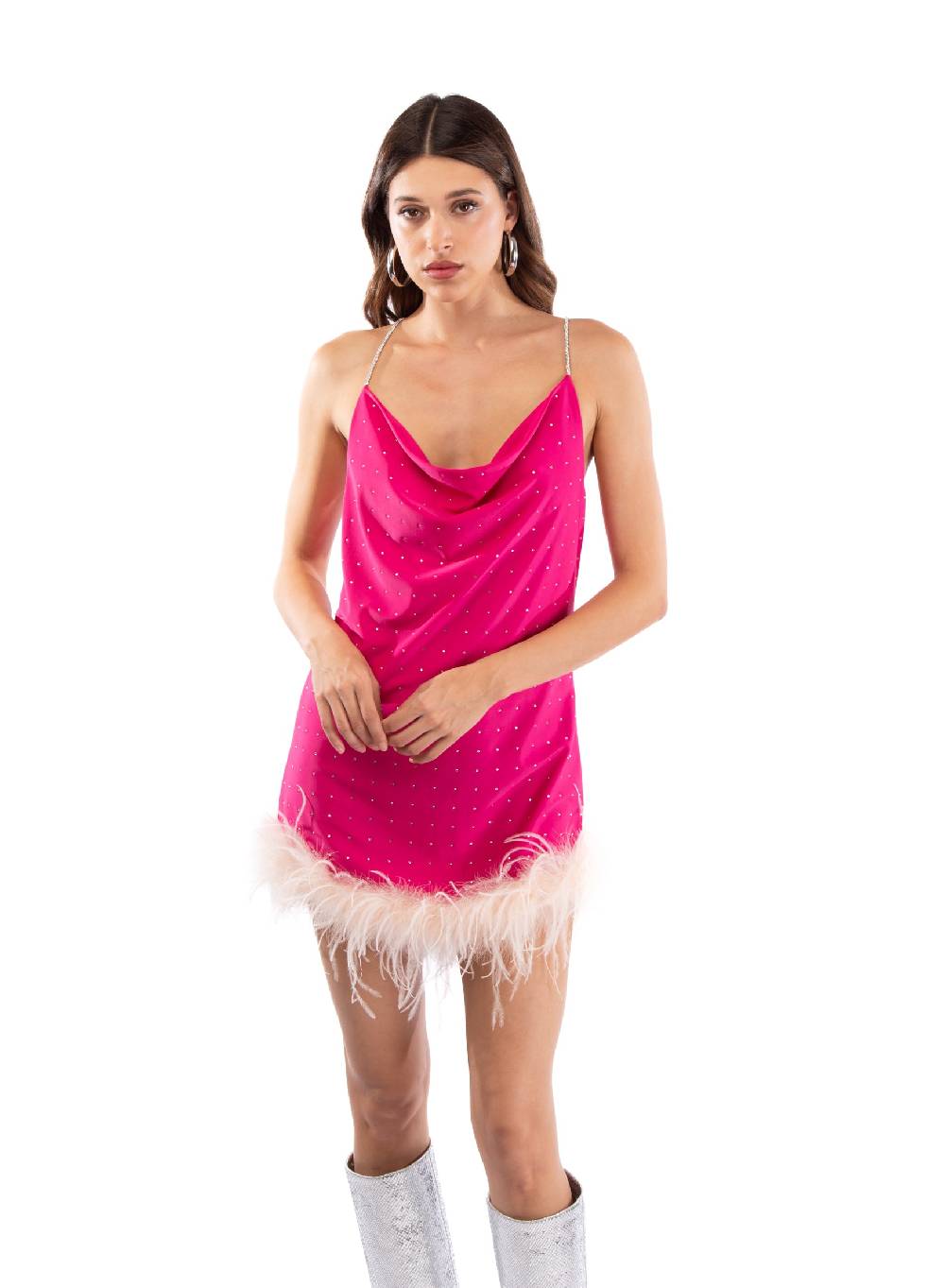 Le Volière LAUREN Vestito fucsia con strass e piume rosa Presa