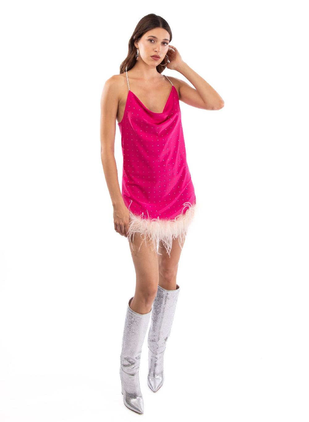 Le Volière LAUREN Vestito fucsia con strass e piume rosa Presa