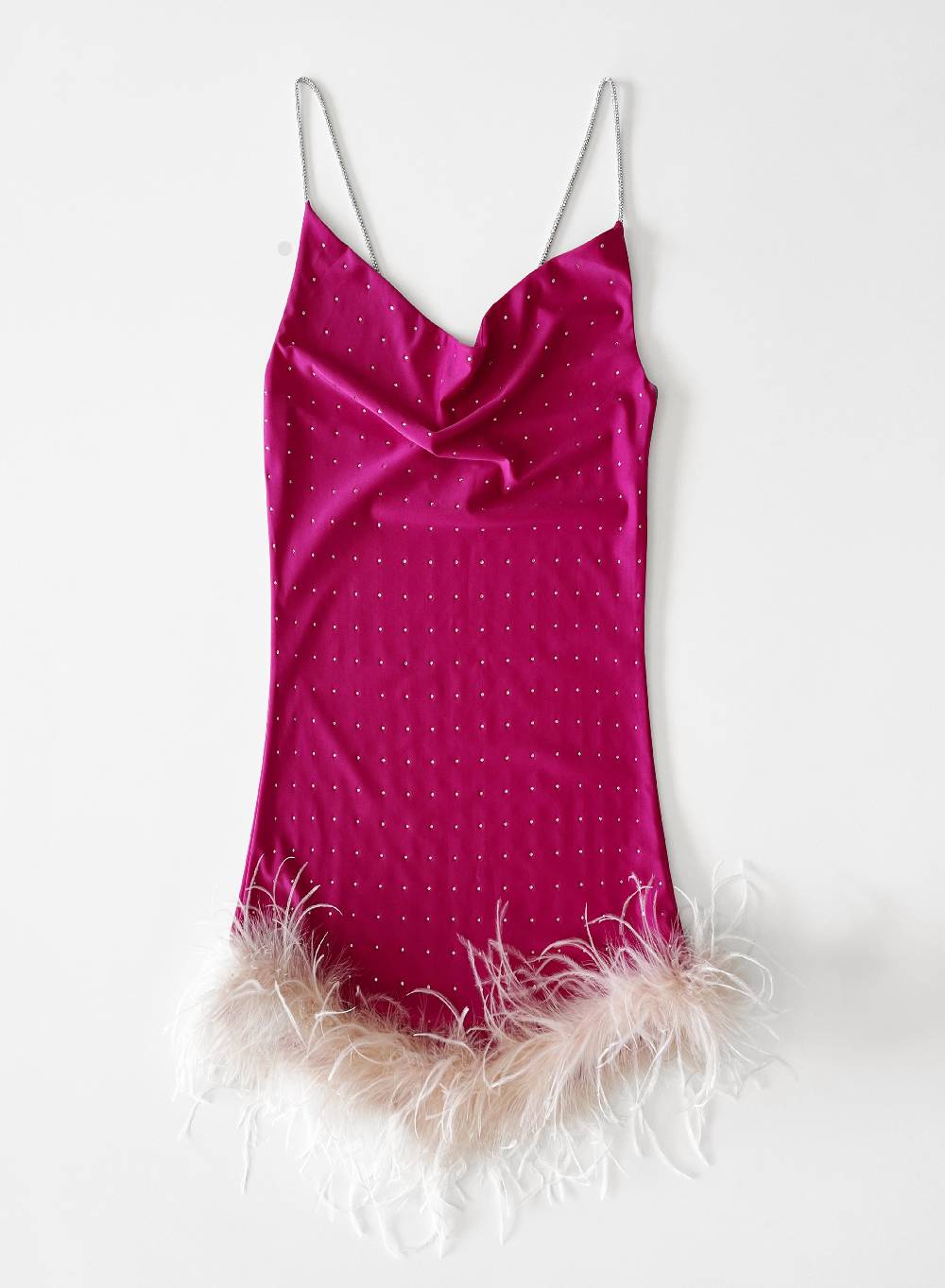 Le Volière LAUREN Vestito fucsia con strass e piume rosa Presa