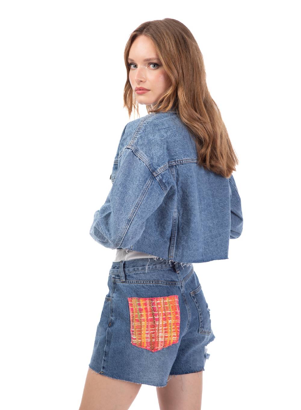 Le Volière Giacca in denim con dettaglio tasca in tweed Hotsell