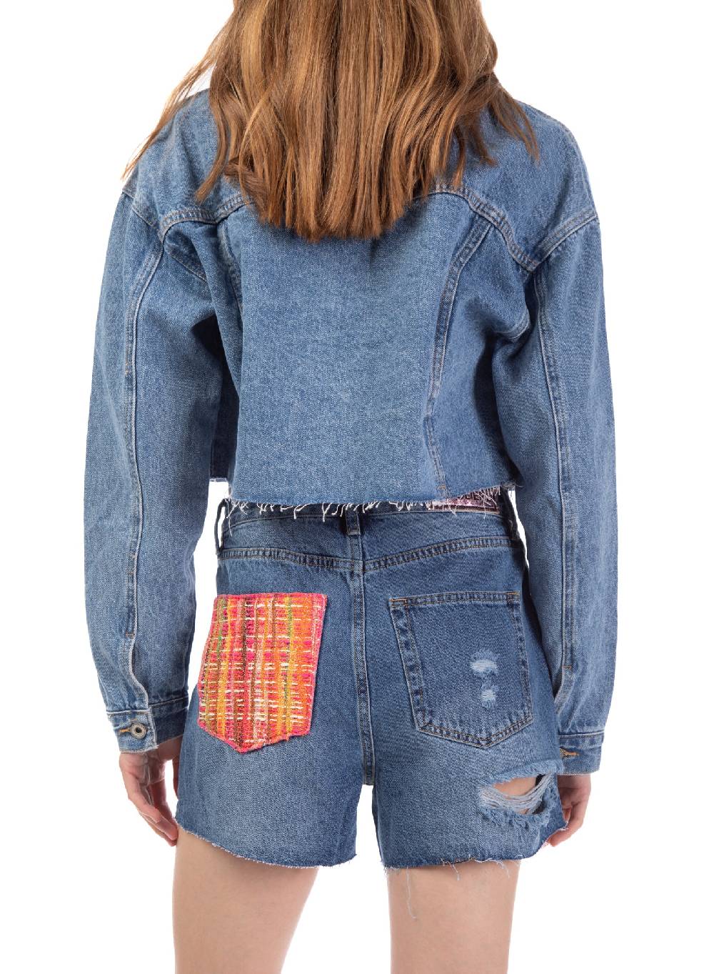 Le Volière Giacca in denim con dettaglio tasca in tweed Hotsell
