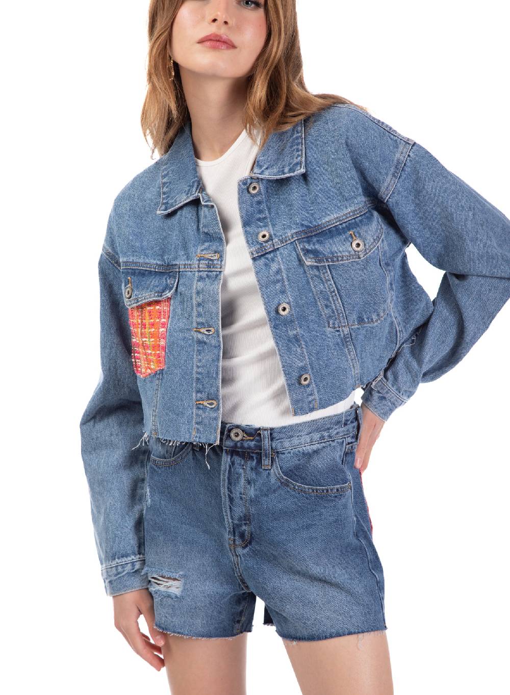 Le Volière Giacca in denim con dettaglio tasca in tweed Hotsell