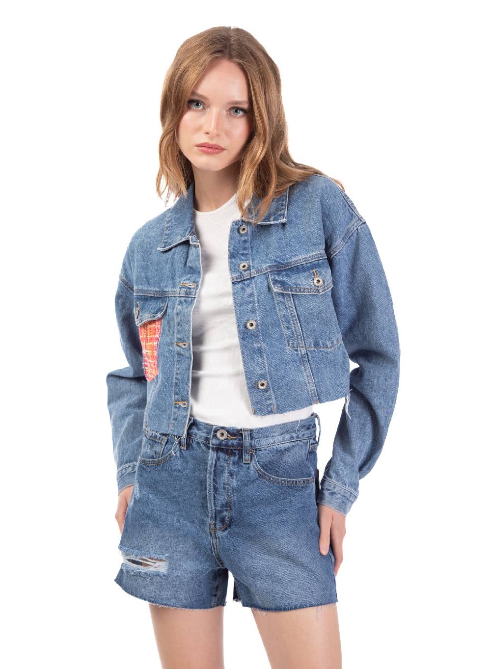 Le Volière Giacca in denim con dettaglio tasca in tweed Hotsell