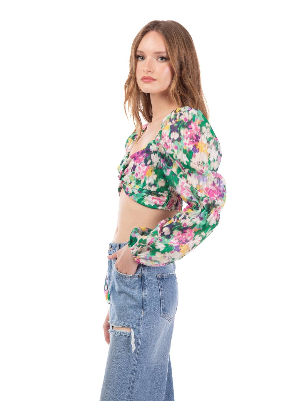 Le Volière Cropped top floreale manica lunga Vendite Flash