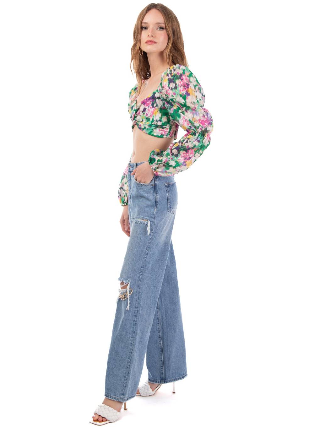 Le Volière Cropped top floreale manica lunga Vendite Flash