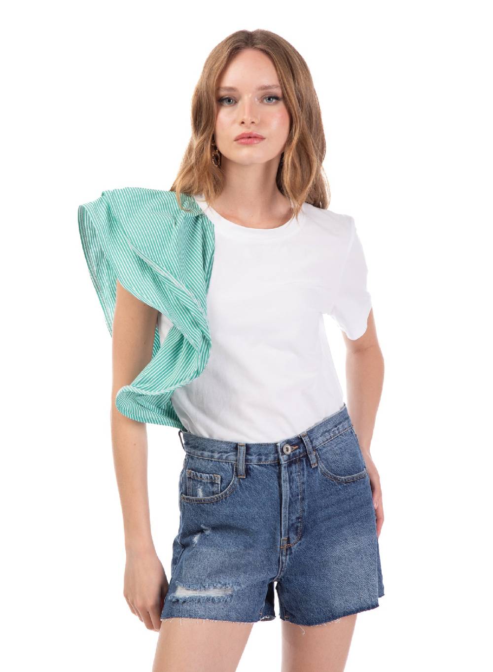 Le Volière T-shirt bianca con volant a righe Moda