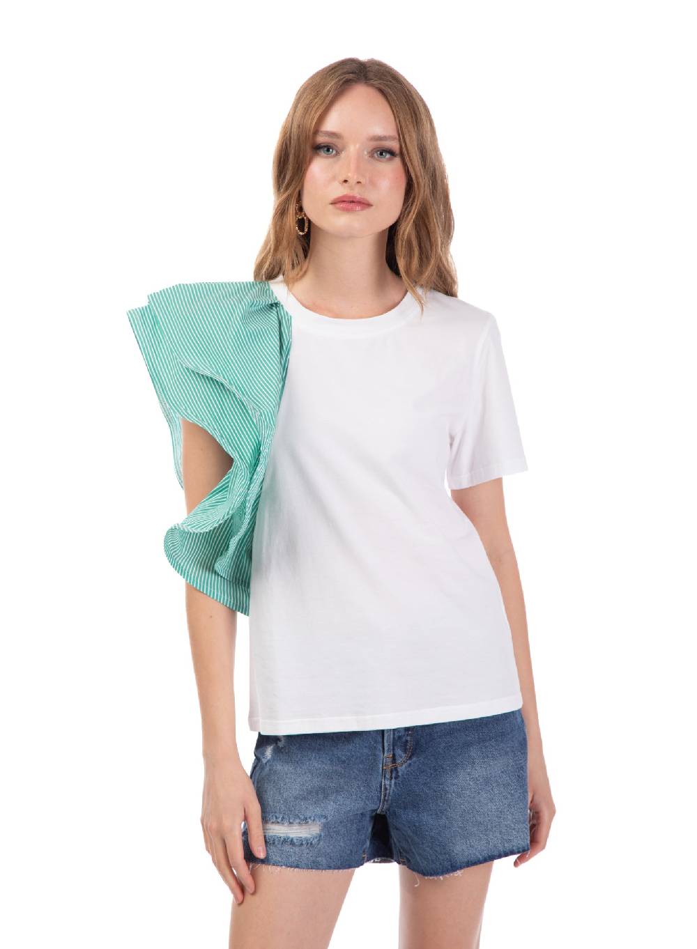 Le Volière T-shirt bianca con volant a righe Moda