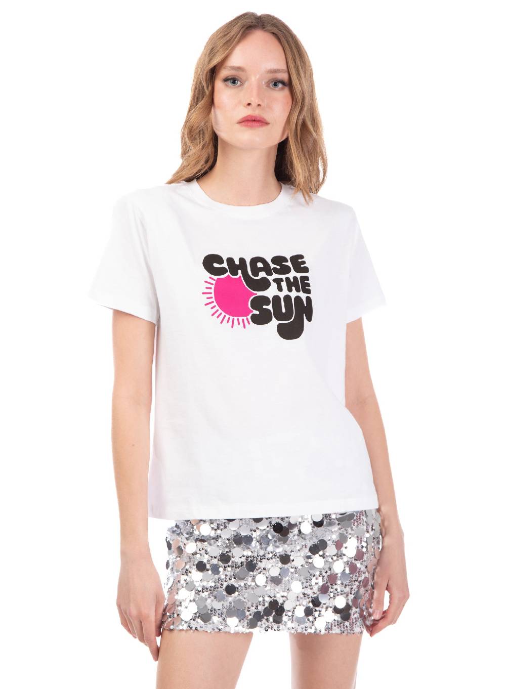 Le Volière T-shirt bianca 'Chase the sun' In Linea