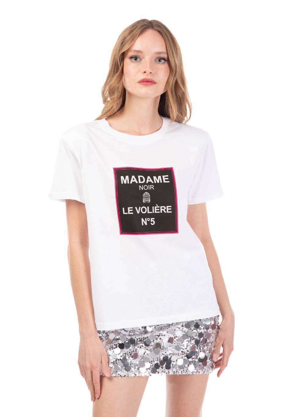 Le Volière T-shirt bianca 'MADAME NOIR' Qualità