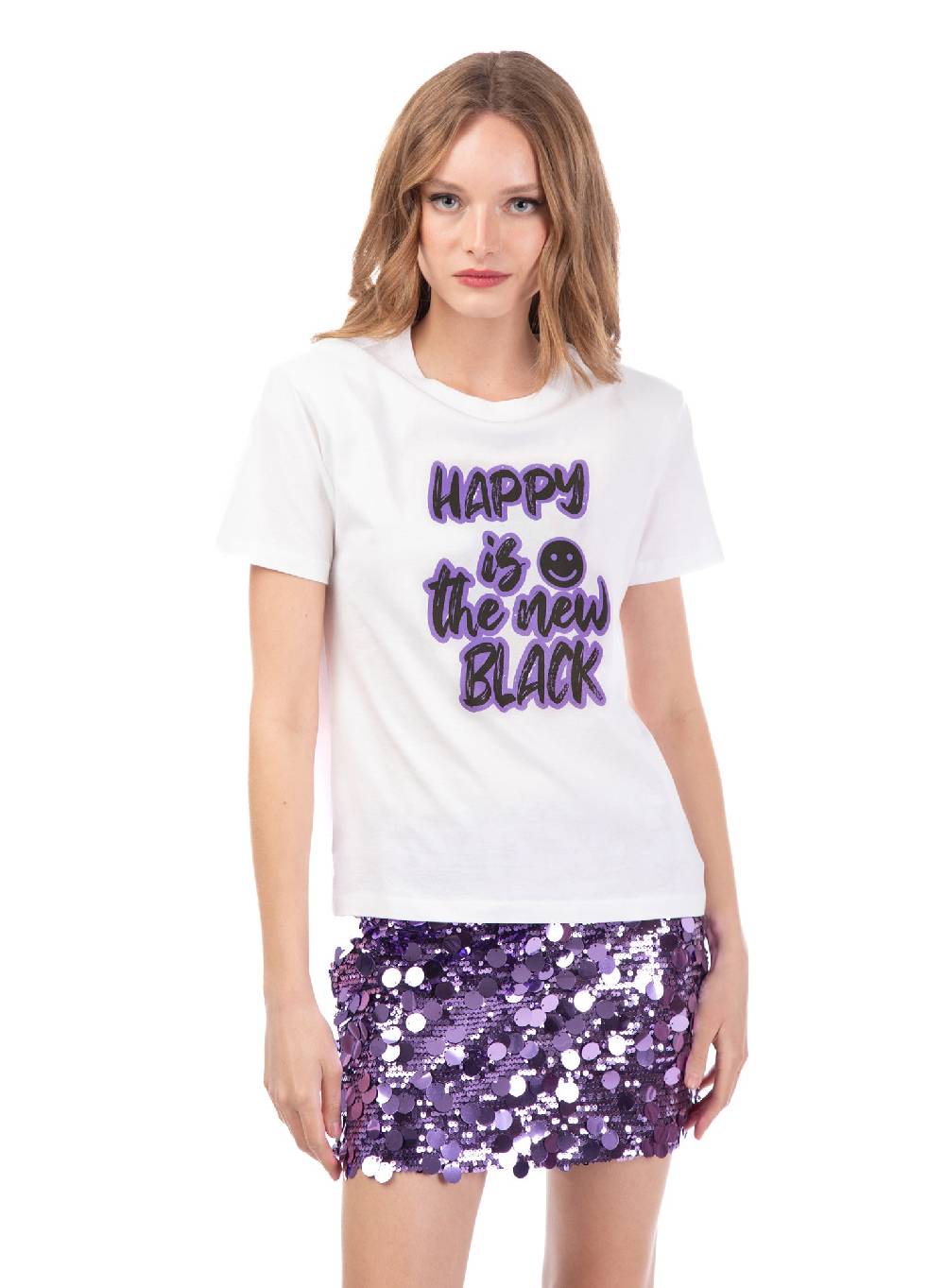 Le Volière T-shirt bianca 'Happy is the new black' Esporta salva