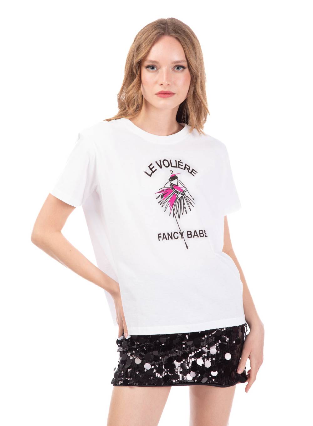 Le Volière T-shirt bianca con stampa 'Le Volière fancy babe' Soddisfazione Garantita