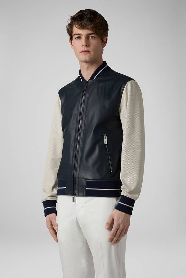 Lab. Pal Zileri Varsity Jacket in nappa bicolore blu e panna Spedizione Gratuita