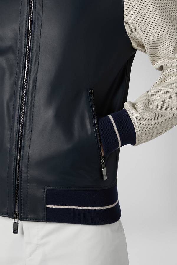 Lab. Pal Zileri Varsity Jacket in nappa bicolore blu e panna Spedizione Gratuita