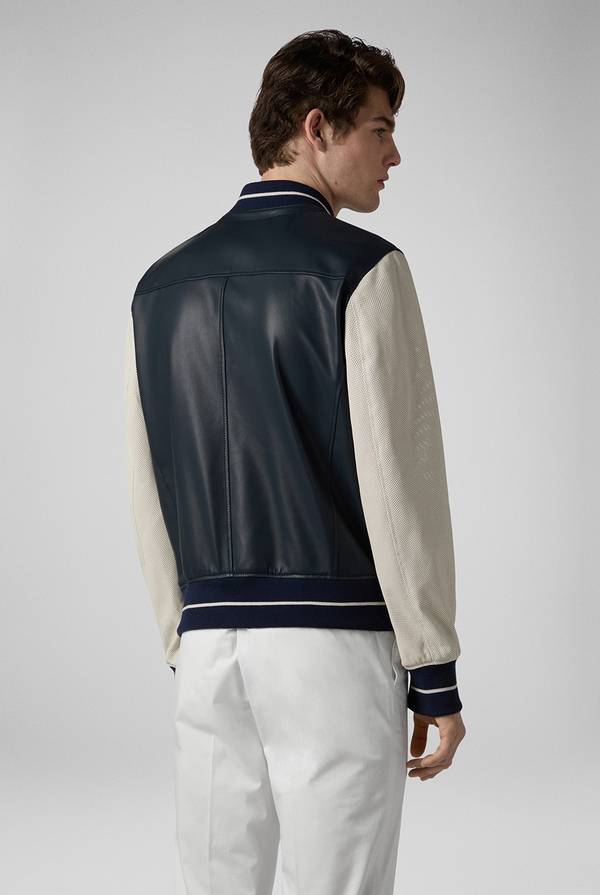 Lab. Pal Zileri Varsity Jacket in nappa bicolore blu e panna Spedizione Gratuita