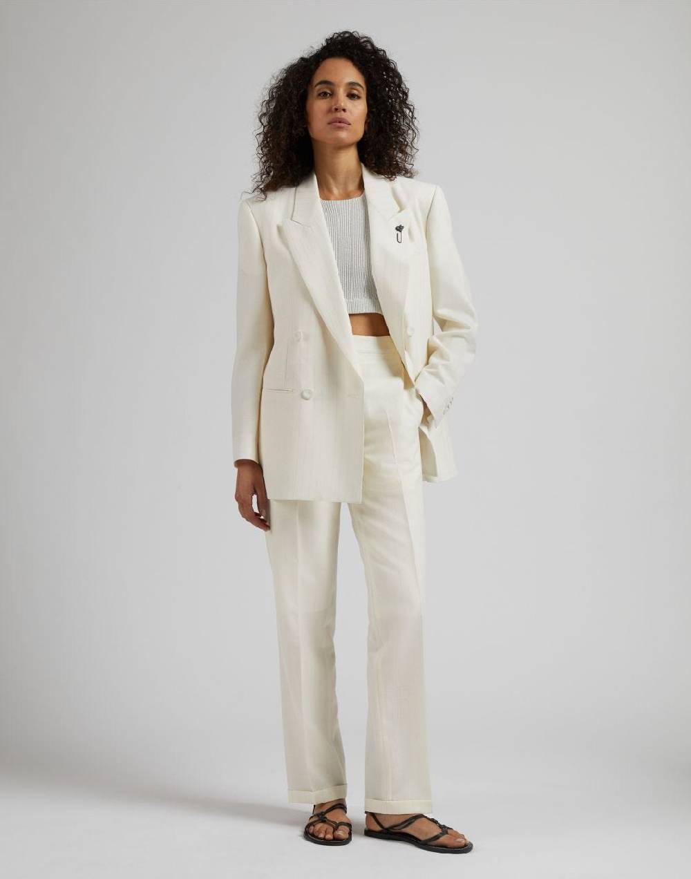 Lardini Pantalone in tela di lana gessata lurex bianco-argento Italia