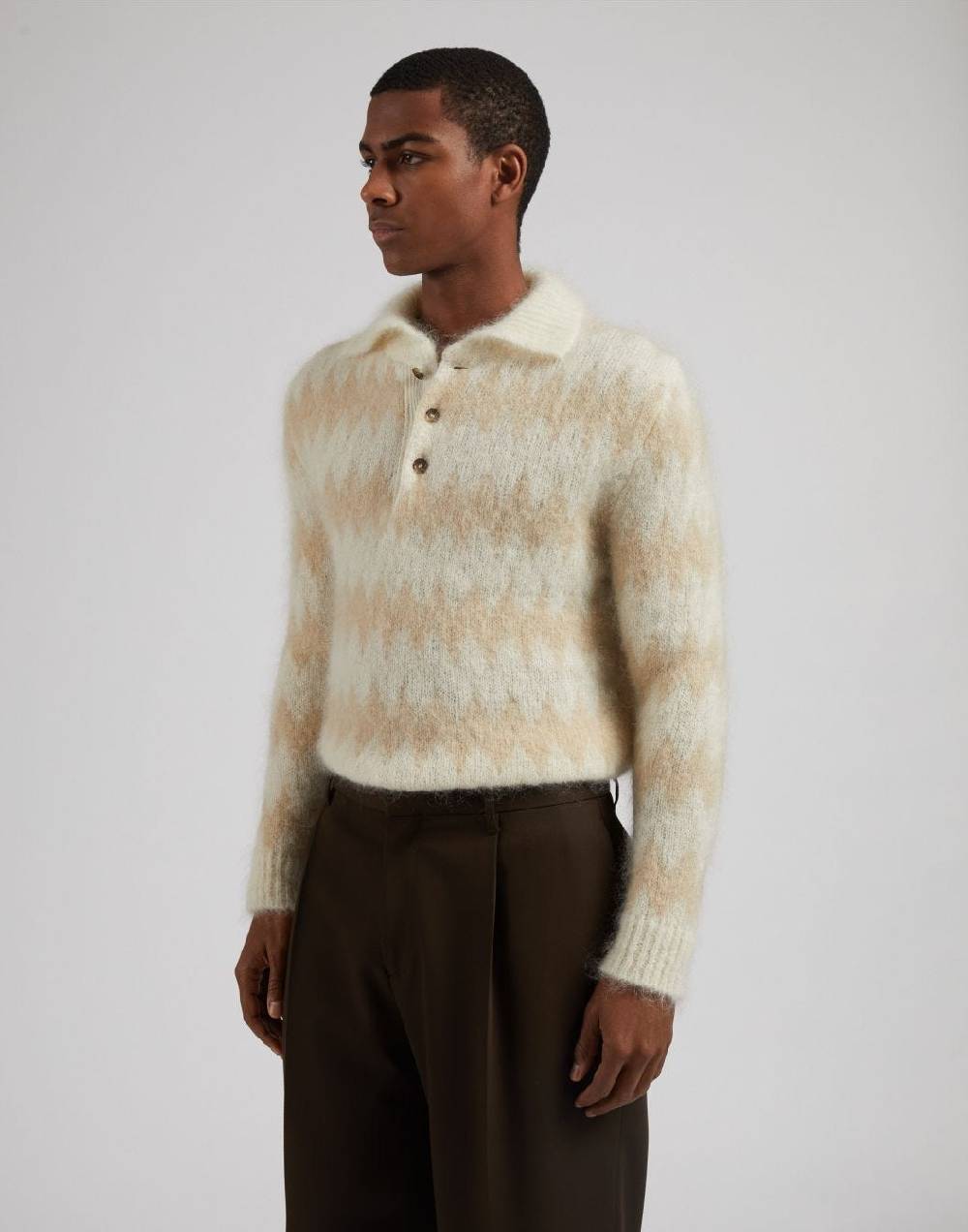 Lardini Polo bicolore a manica lunga in kid mohair bianco-beige Soddisfazione Garantita