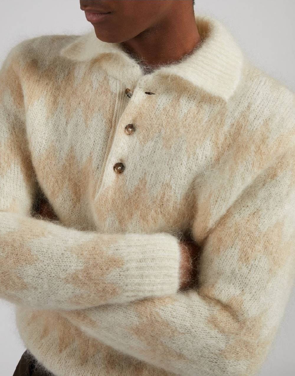 Lardini Polo bicolore a manica lunga in kid mohair bianco-beige Soddisfazione Garantita