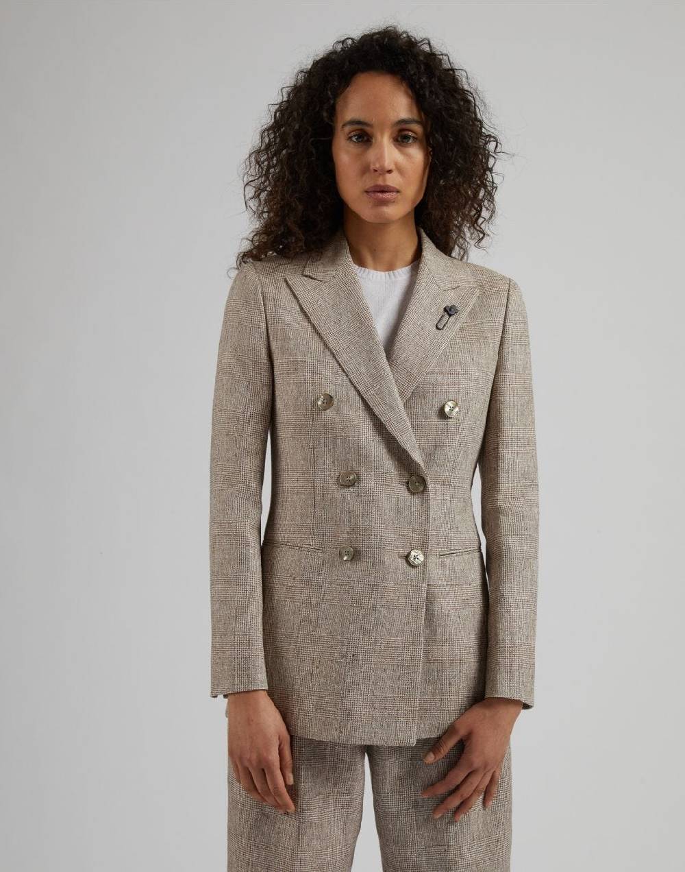 Lardini Giacca doppiopetto in lino marrone con disegno galles Outlet
