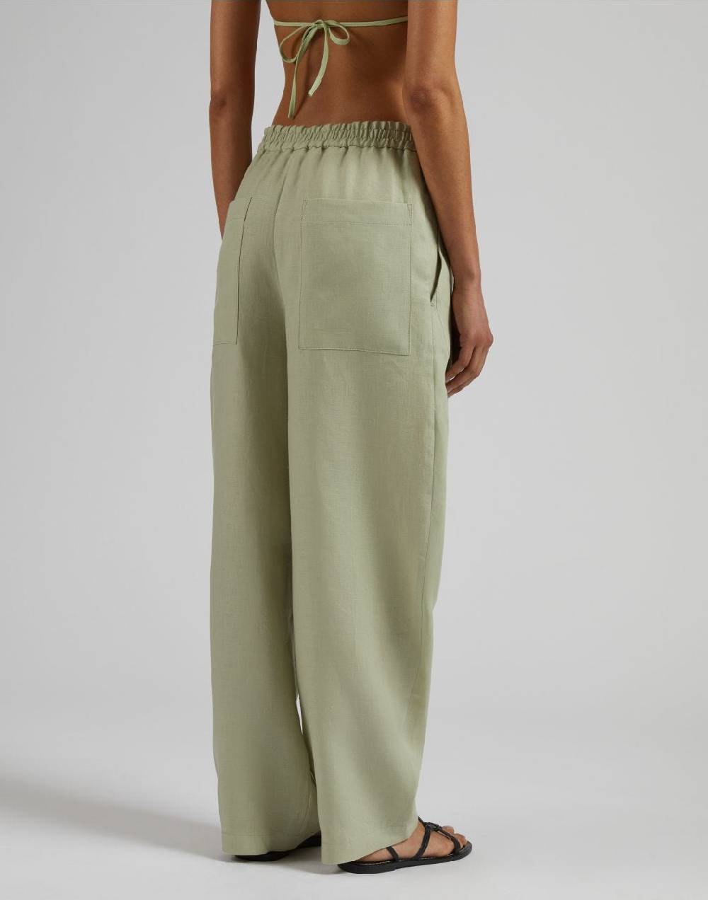 Lardini Pantalone ampio a vita bassa in tela di lino verde Saldi