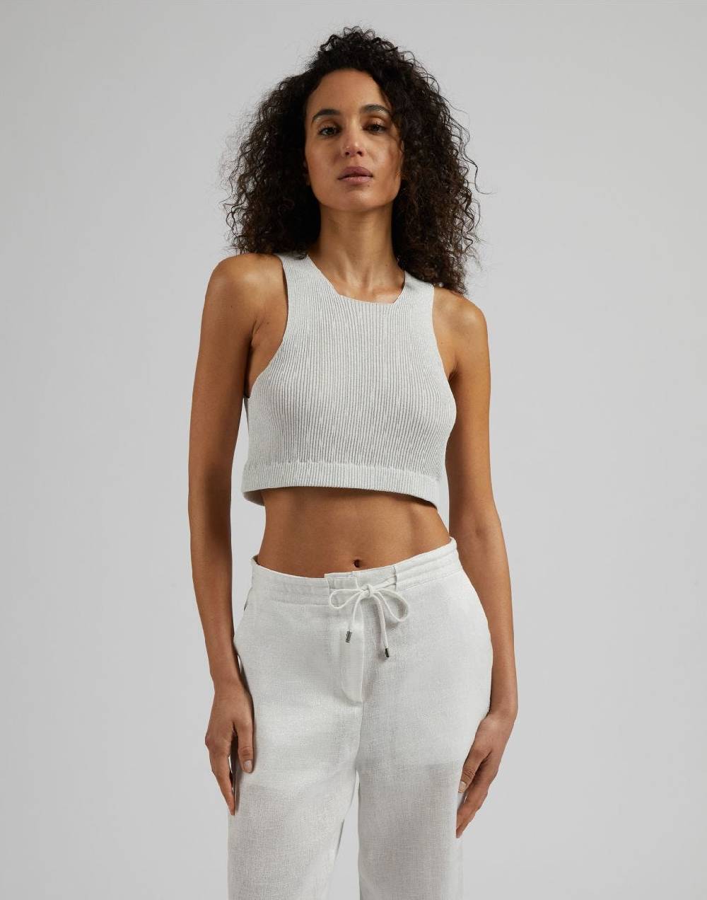 Lardini Top corto in maglia a costina lurex bianco e argento Vendita Economica
