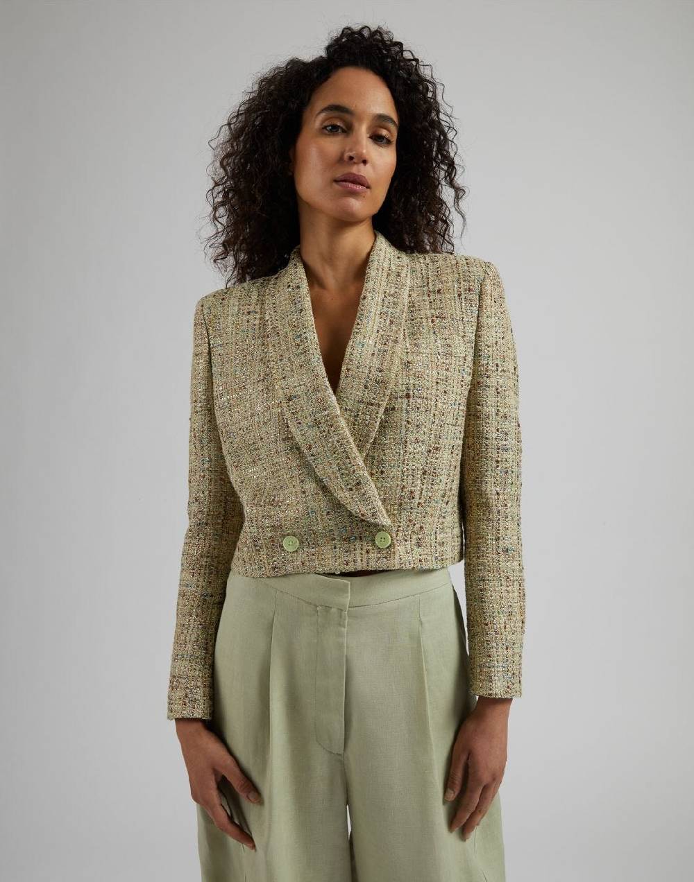 Lardini Giacca corta in tweed di cotone verde intrecciato lurex 2025