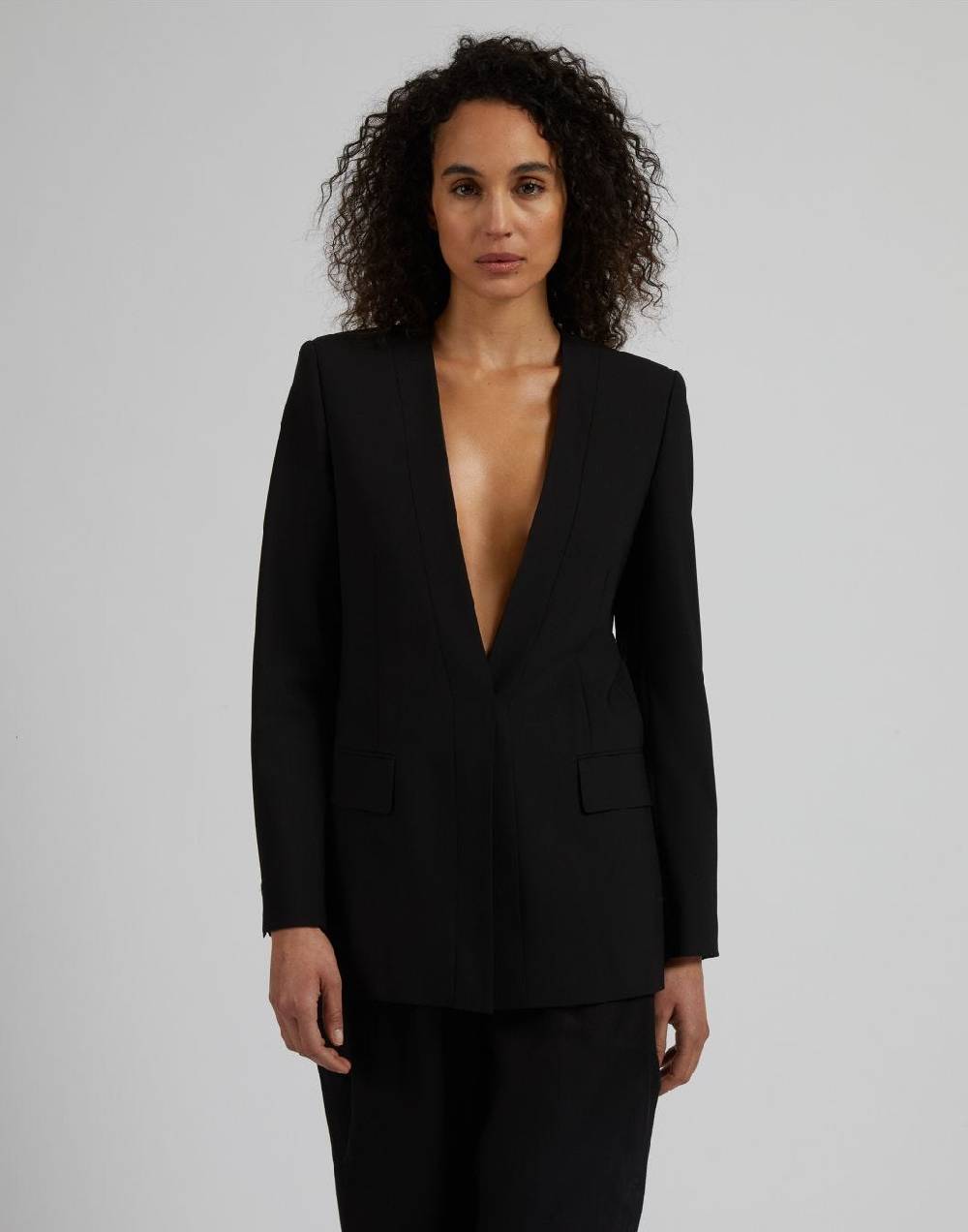 Lardini Giacca monopetto senza collo in tela di lana stretch nera Nuovo