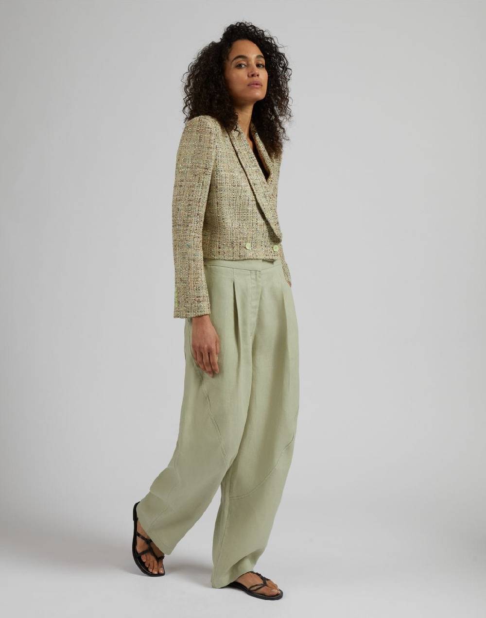 Lardini Pantalone ampio a vita bassa in tela di lino verde Pezzi Unici