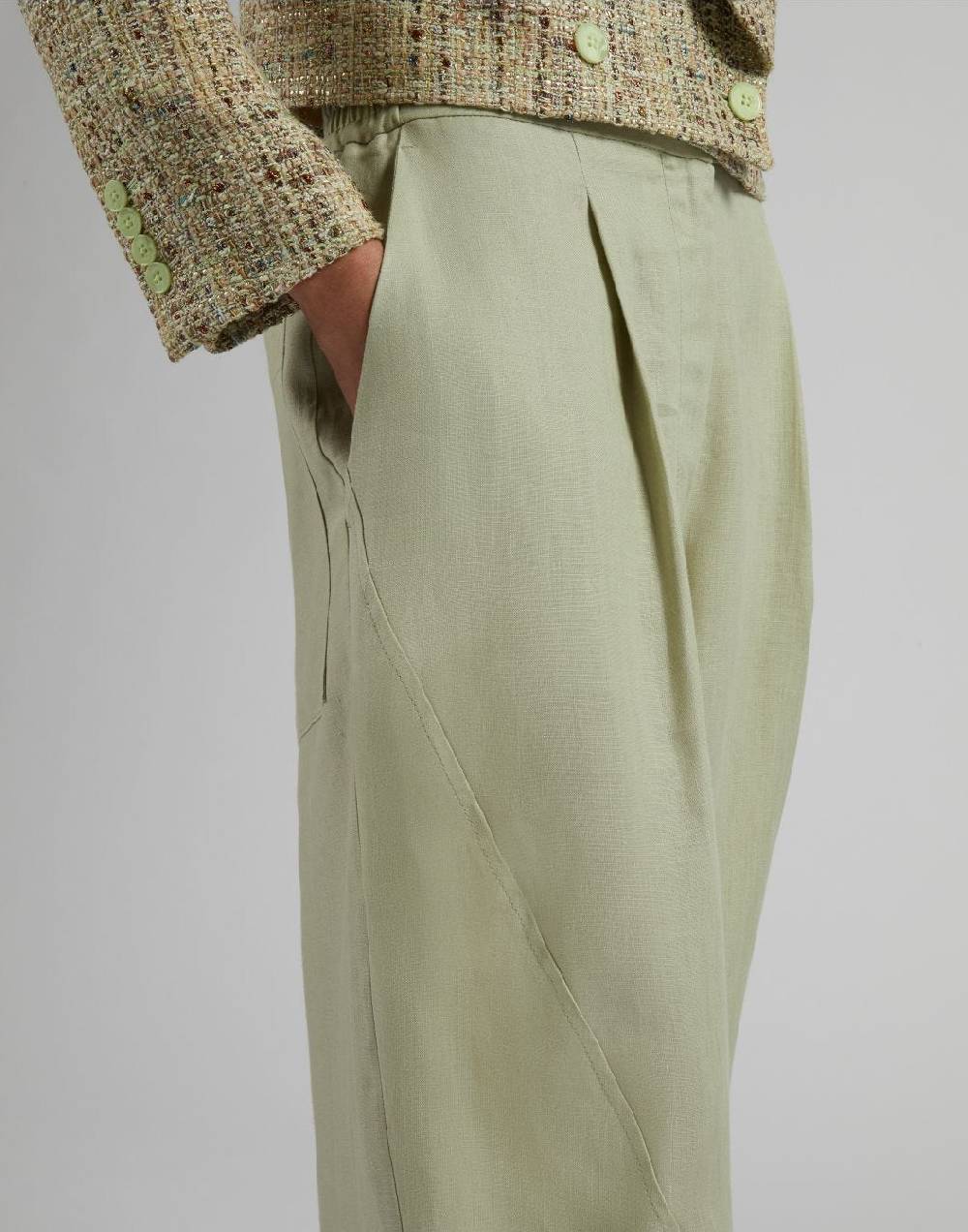 Lardini Pantalone ampio a vita bassa in tela di lino verde Pezzi Unici