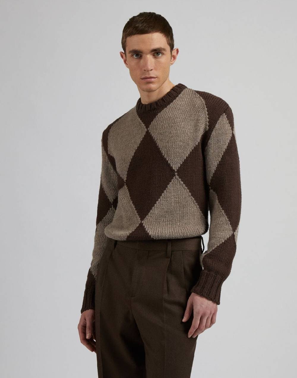 Lardini Maglia girocollo marrone con intarsio bicolore nocciola Promozione Limitata