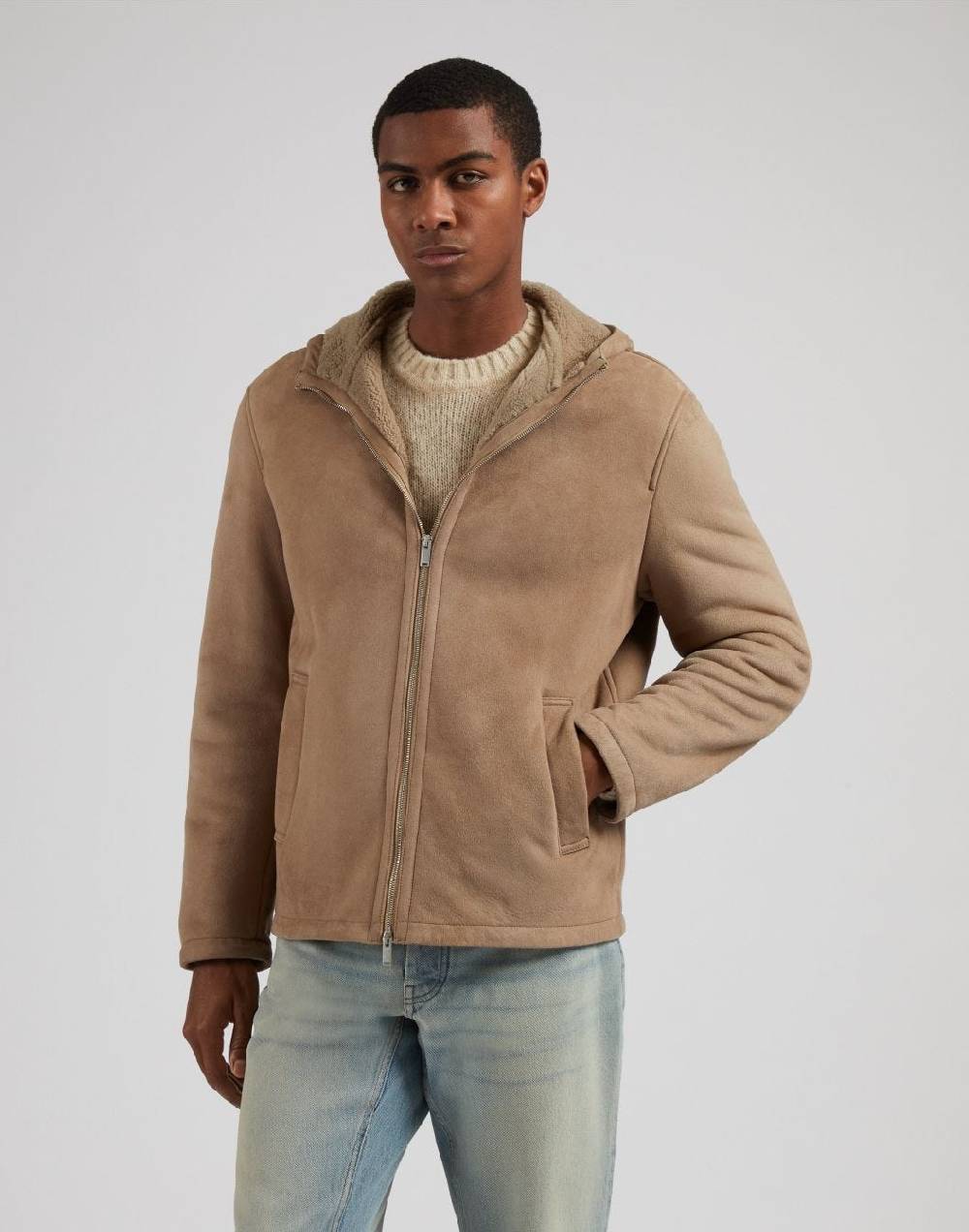 Lardini Giubbino con cappuccio in pelle di montone merino nocciola Prezzo Ridotto