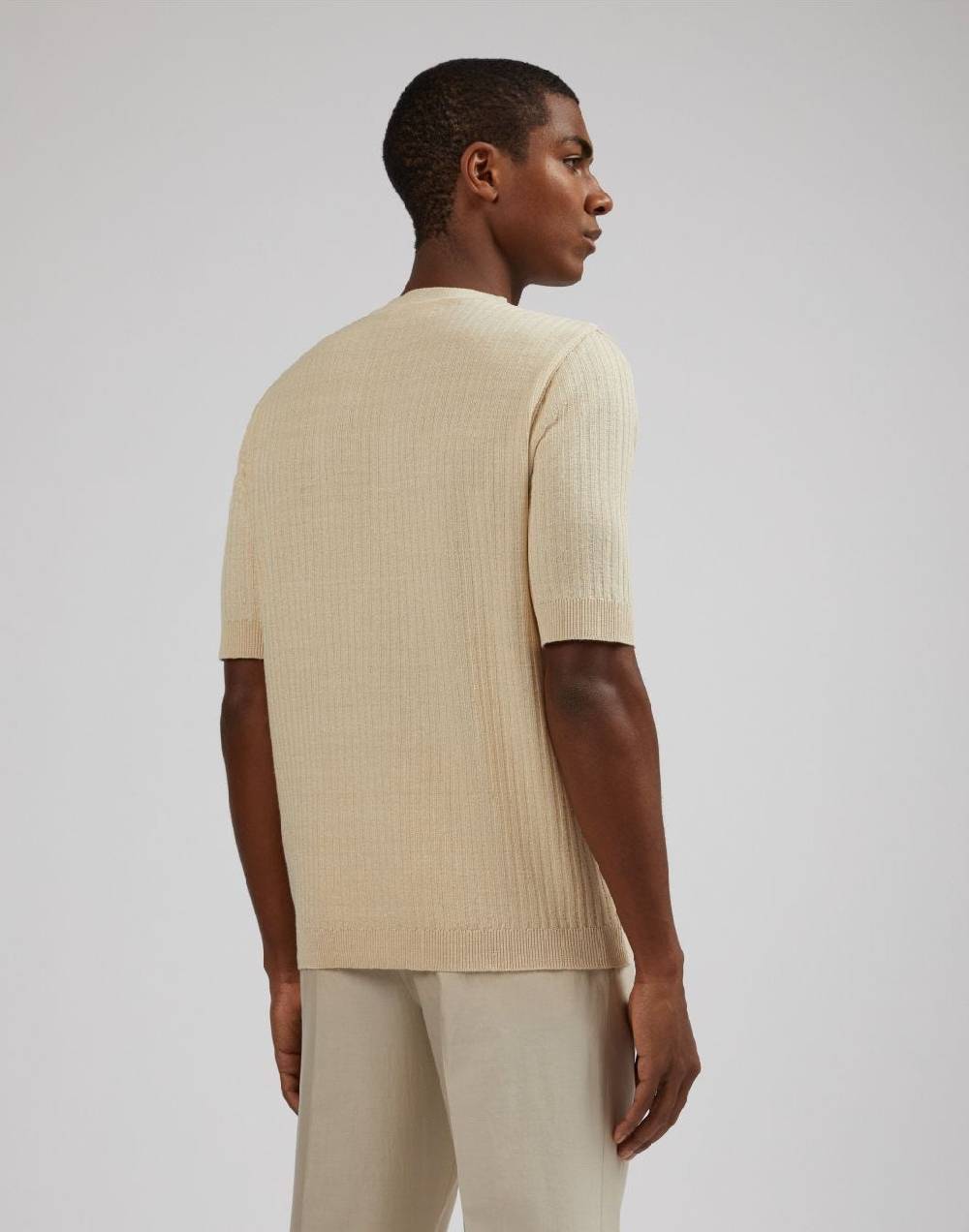 Lardini T-shirt panna in lino e cotone con lavorazione a coste Nuova