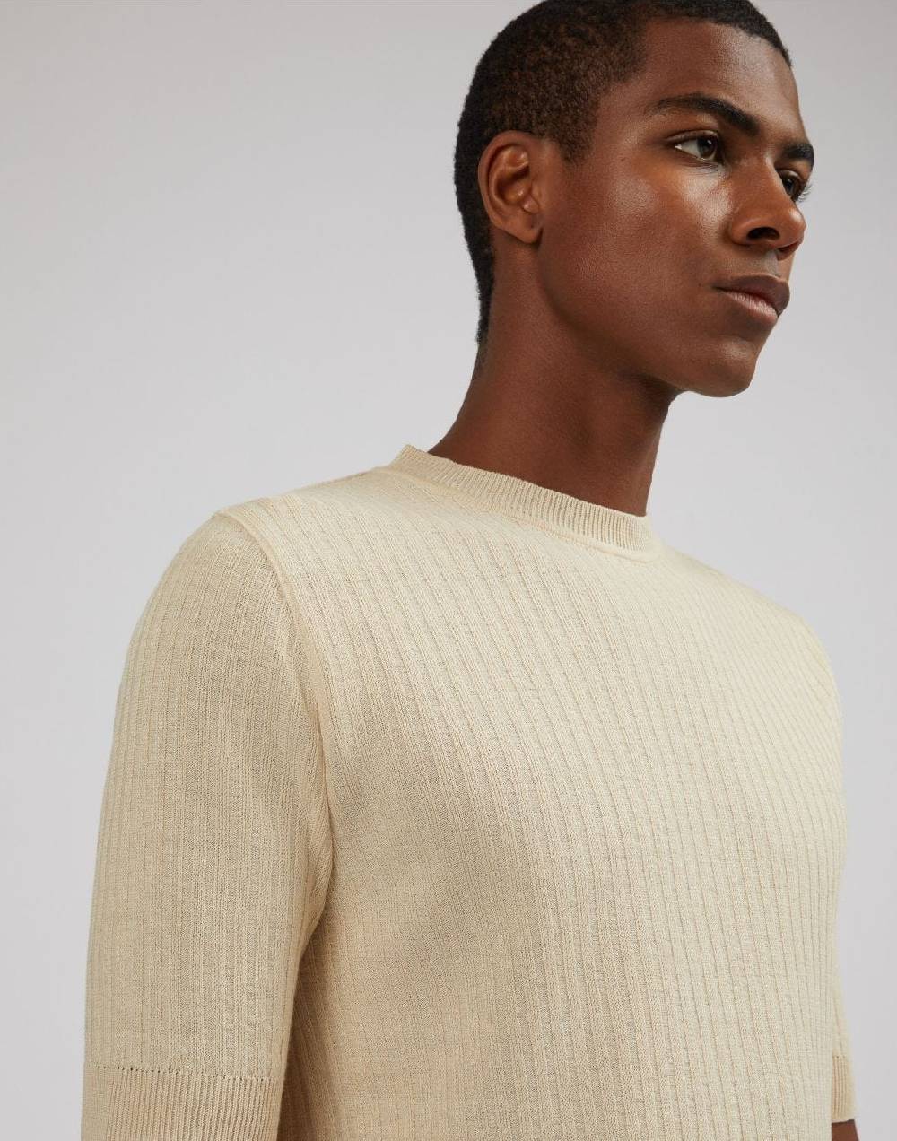 Lardini T-shirt panna in lino e cotone con lavorazione a coste Nuova