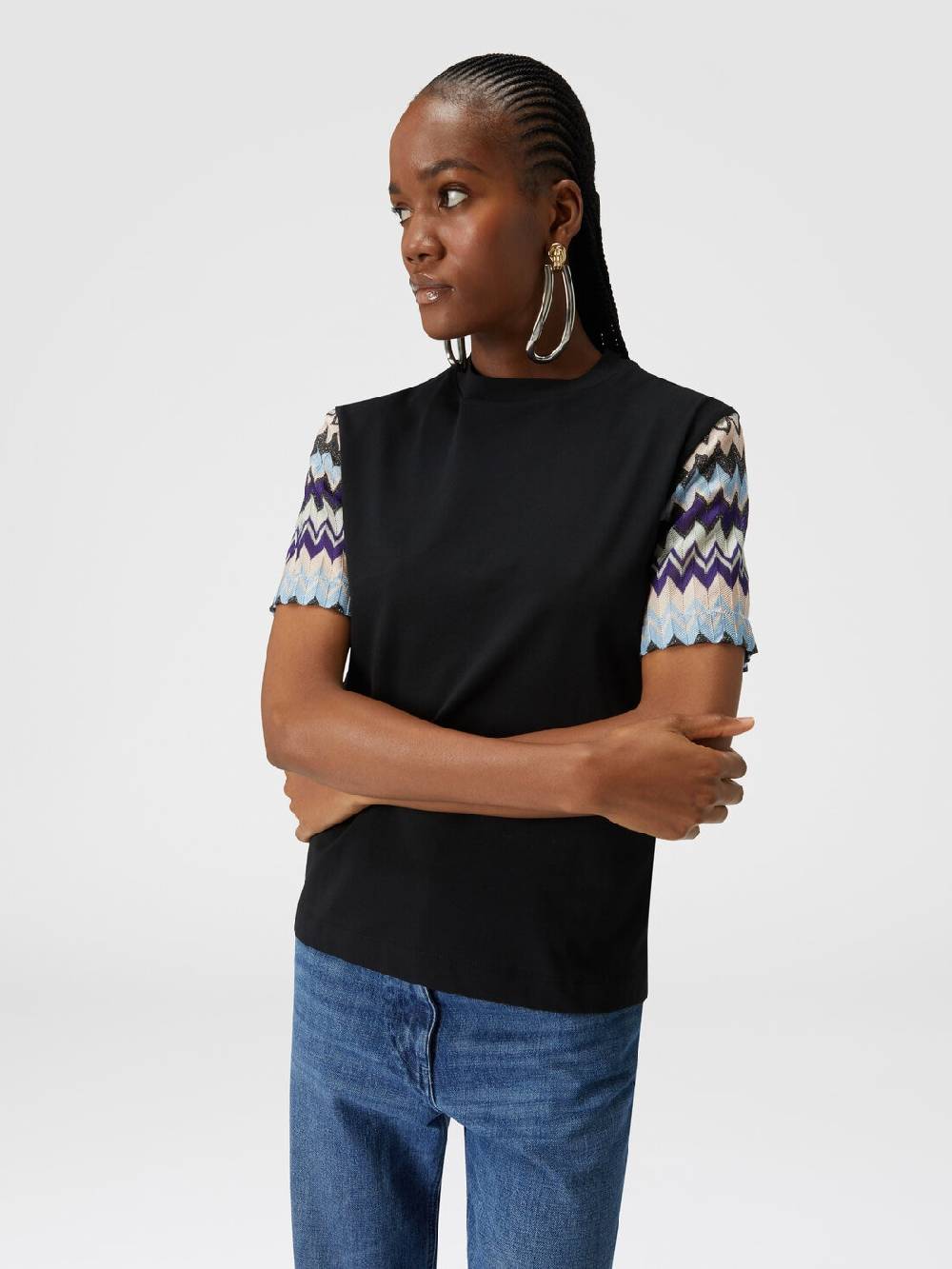 Missoni T-shirt in jersey di cotone con maniche in maglia zig zag Promozione