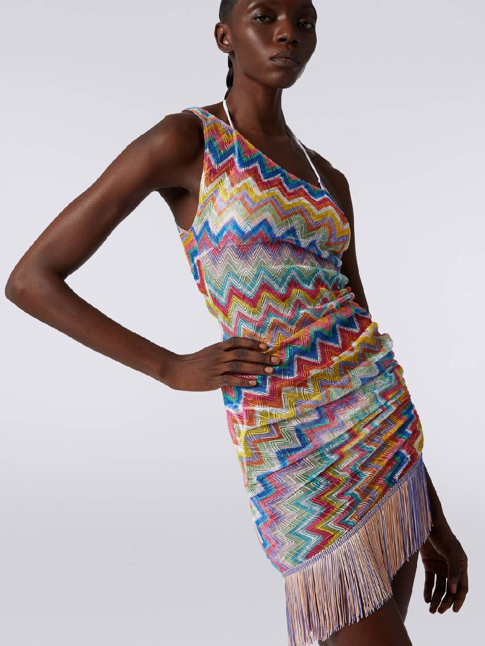 Missoni Copricostume corto monospalla con frange e arricciatura laterale Sconto di tempo limitato