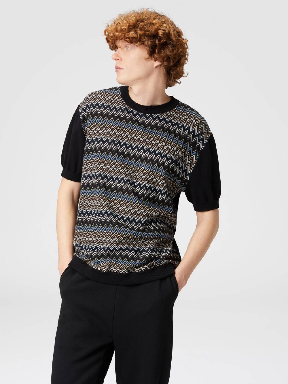 Missoni T-shirt in maglia di cotone zig zag con inserti tinta unita Ultimo giorno