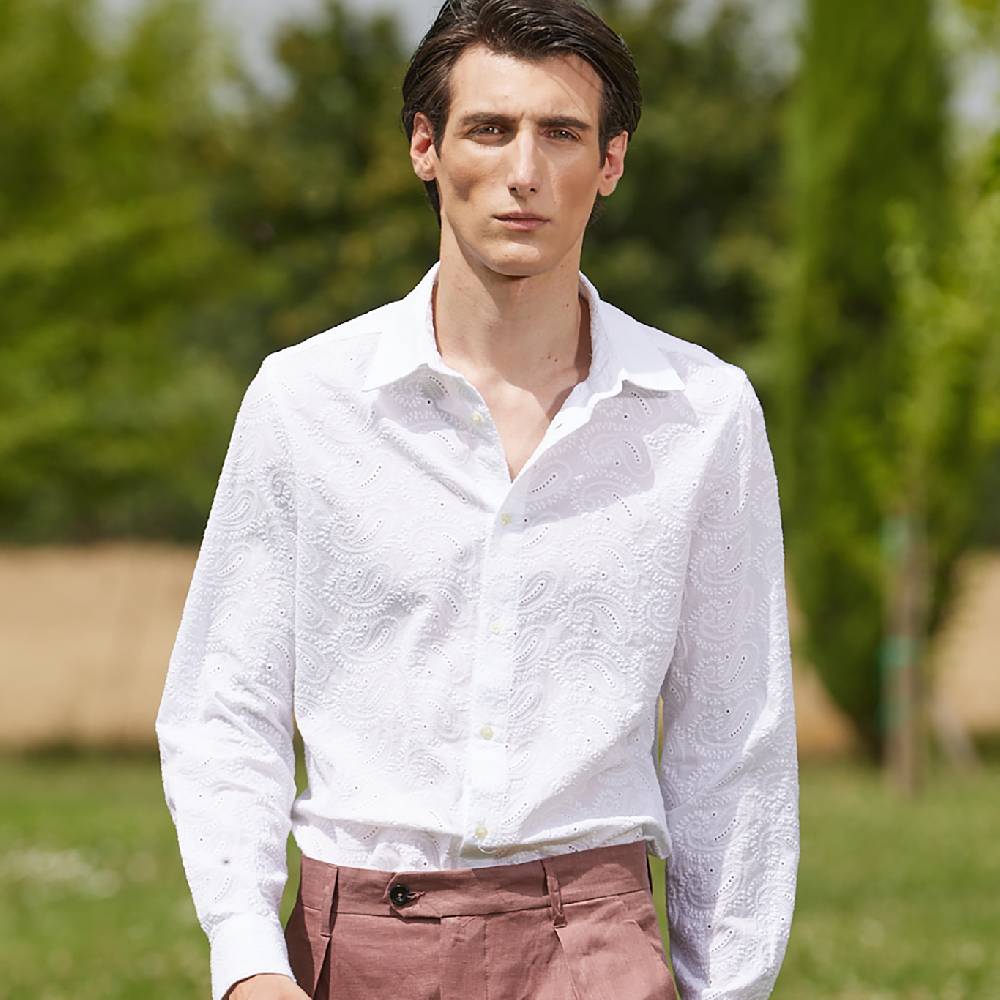 Officina 36 Camicia bianca in sangallo a fantasia Vendita Calda