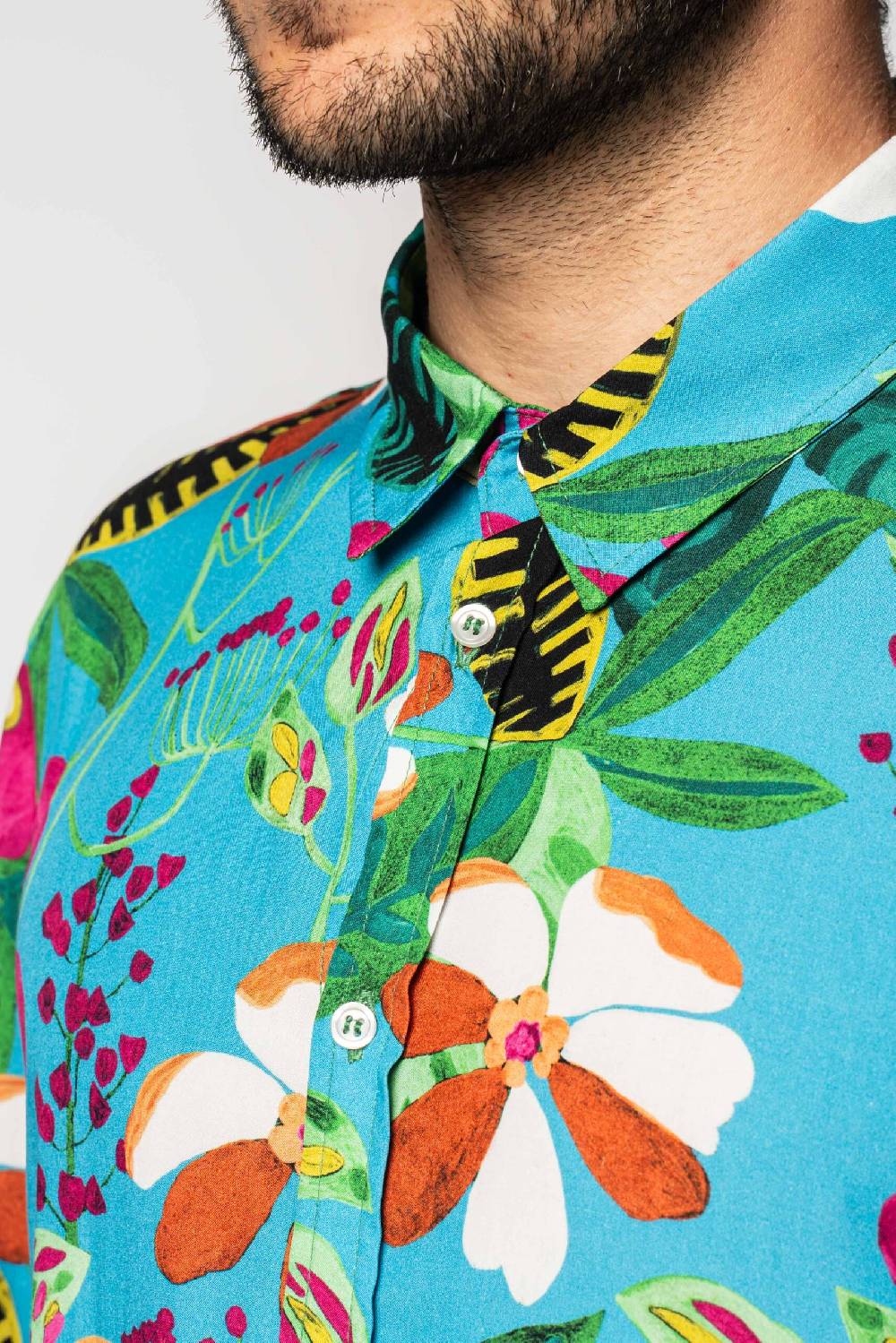 Officina 36 Camicia in viscosa stampata color cielo Promozione