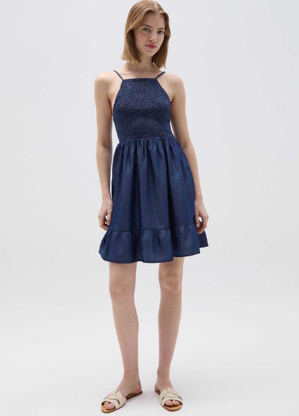 Ovs Vestito corto effetto denim con balza
