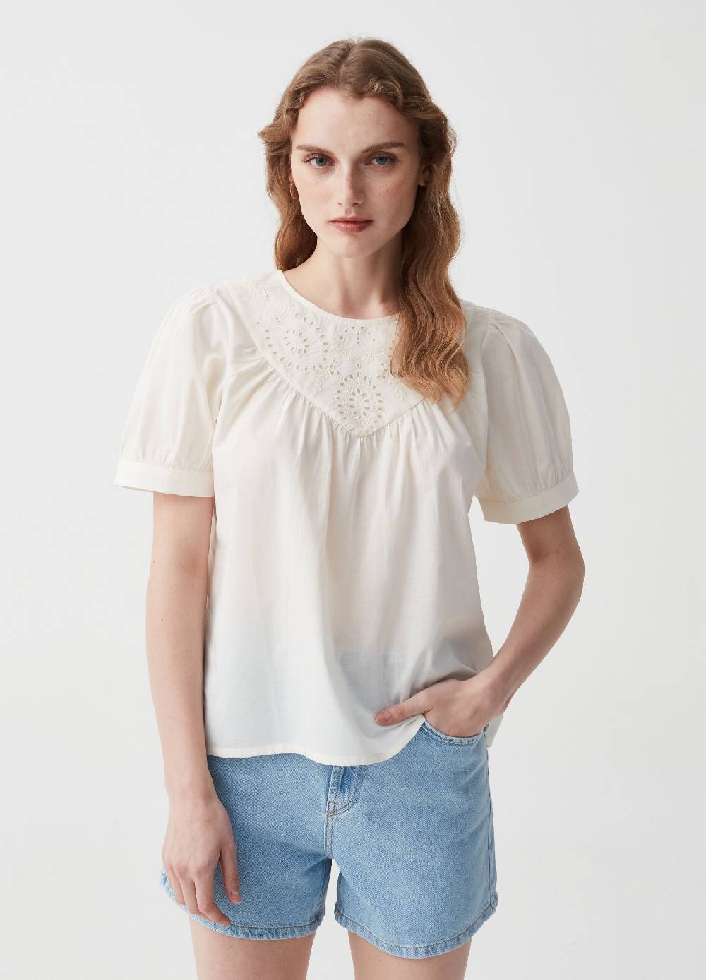 Ovs Blusa in cotone con inserto in sangallo Soddisfazione Garantita